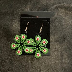 Floral Beaded Earrings in Green and Red
